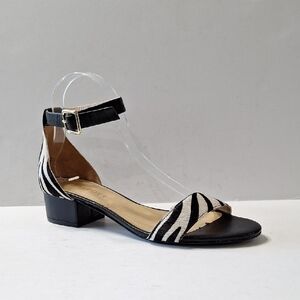 Talbots Black White Animal Print Calf Hair Mobwife Preppy Heel Sandals Size 9